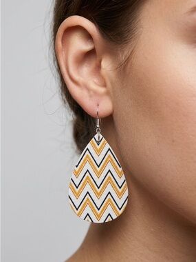 Chevron Teardrop Earrings | Black Orange White Zig Zag Dangles